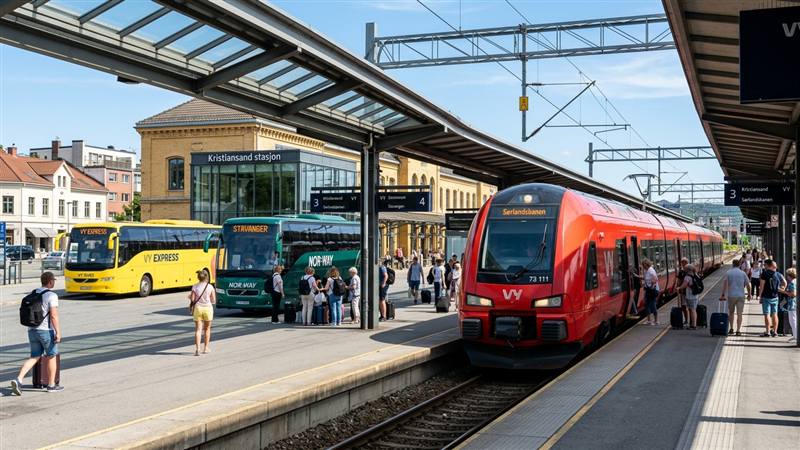 Sørlandsbanen train and express bus coaches at Kristiansand station